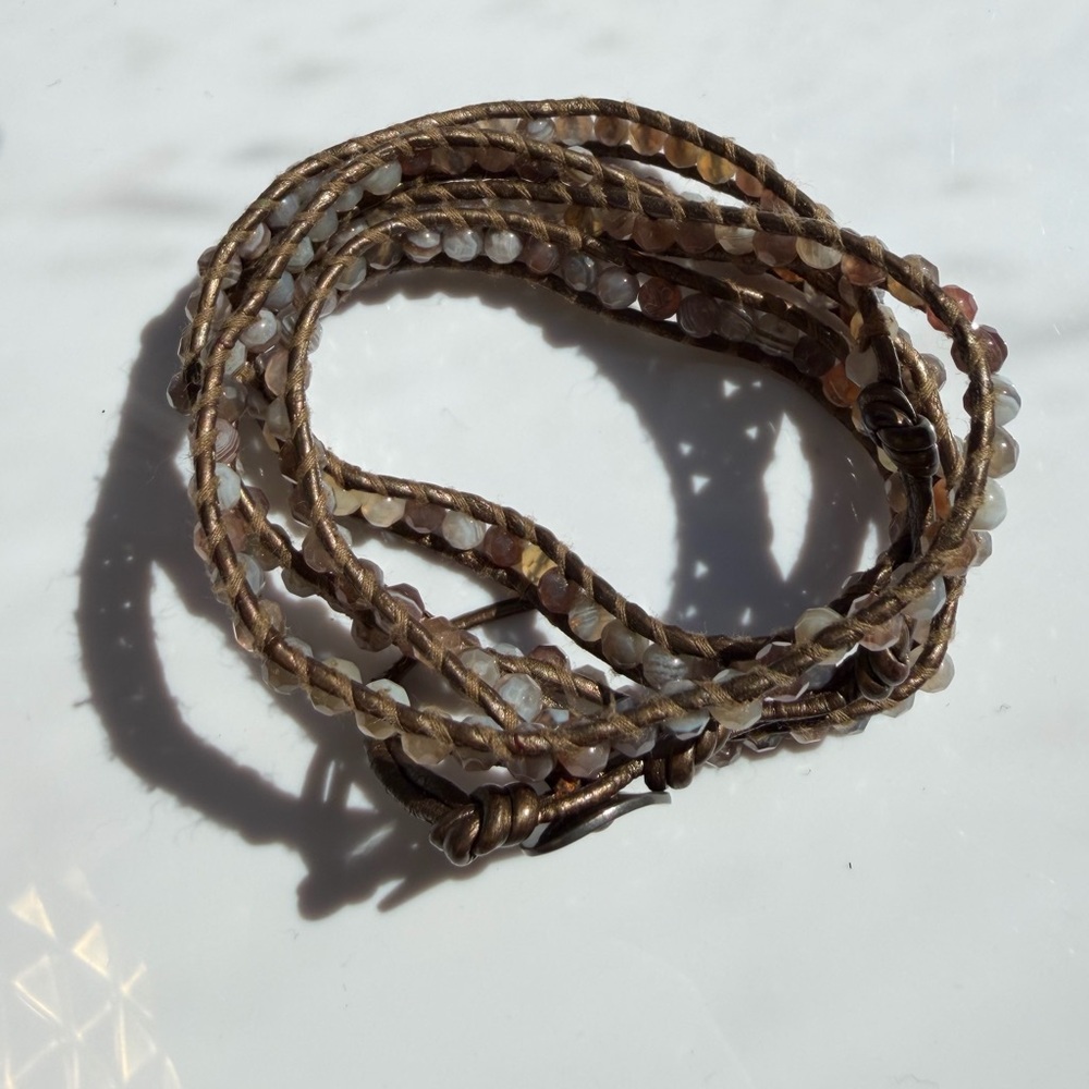 Chan Liu Grey Beaded Leather Wrap Bracelet - Picture 2 of 5